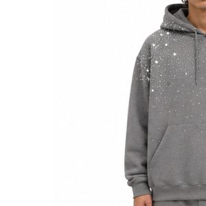 Sweat à capuche gris oversize en molleton pour homme, motif étoile en strass, en coton épais, style streetwear, décontracté, hiver, OEM - Product Image 3