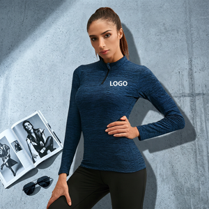 Women's Blue Textured Half-Zip <b>Long</b> <b>Sleeve</b> Quick Dry <b>Workout</b> <b>Top</b> Regular Fit Front Logo All Seasons - Product Image 4