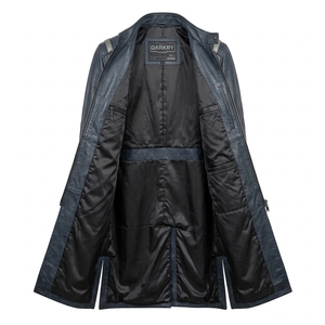 Abrigo de cuero genuino para hombre Steel Blue con bolsillo canguro negro, tira plateada en el hombro y cuello alto, venta al por mayor - Product Image 5