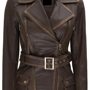 ELEGANT CORPORATION Women's Polyester Shell Leather Jacket Full Sleeve Zipper Closure Turn-<b>down</b> Collar Belted Design Breathable - Product Image 6