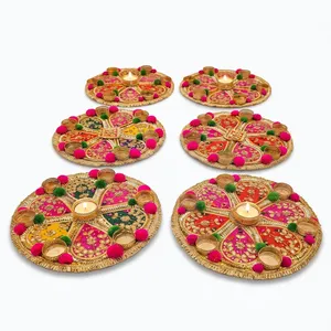 Handmade Round Wooden <b>Candle</b> Stand With Embroidered Floral Design <b>Pink</b> Green Pompoms For Wedding Home Decoration - Product Image 6