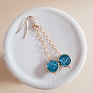 Boucles d'oreilles pendantes en forme de pièce de monnaie en saphir, pierre précieuse naturelle bleue, plaqué or rose, bijoux faits à la main pour femmes - Product Image 1