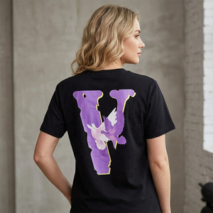 T-shirt noir pour homme avec logo V et imprimé oiseaux, décontracté, manches courtes, col rond, coupe classique, jersey en coton - Product Image 6