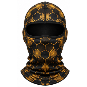 Pasamontañas y Bragas de Cuello con Estampado Hexagonal Negro y Dorado White Bird Express, Diseño Geométrico con Abertura para los Ojos en Negro - Product Image 1
