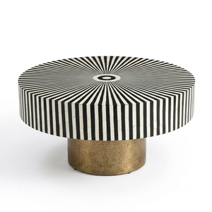 Table basse ronde en os de chameau fait main, design géométrique noir et blanc, table centrale de luxe avec base en laiton doré, vente chaude - Product Image 2