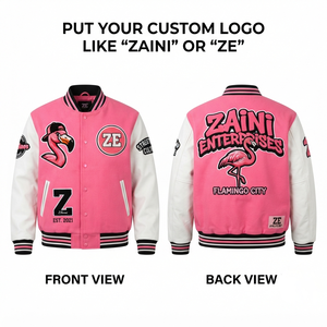 Premium 450 GSM Wool Blend Body PU <b>Leather</b> Sleeve Men Varsity <b>Jacket</b> Pink White Contrast Panel Custom Chenille Logo OEM ODM - Product Image 1