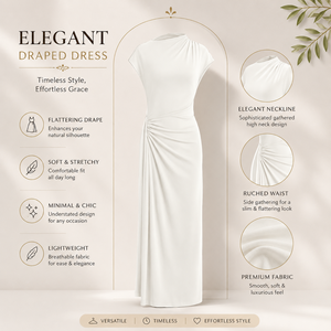 Elegant Women's <b>White</b> Draped <b>Maxi</b> Dress High Neck | Ruched Waist Party Evening Gown Soft Stretch Minimal Chic Formal Cocktail - Product Image 5