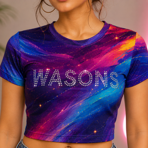 Camiseta Corta Personalizada para Mujer, Spandex/Algodón, con Pedrería, Estampado Vibrante por Sublimación, Moda Urbana, Proveedor Mayorista - Product Image 5