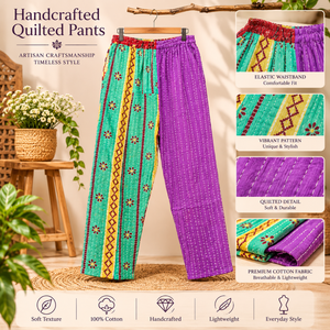 Artisan Kantha Quilted Cotton Patchwork <b>Trousers</b> | Bohemian Handmade Lightweight Breathable Elastic Waist Wide Leg <b>Summer</b> Casual - Product Image 5