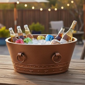 Luxury Brown Faux Leather Round <b>Ice</b> Bucket with Metal Ring Handles Insulated Champagne <b>Cooler</b> Tub <b>for</b> Outdoor Party - Product Image 5