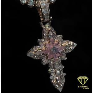 Pendentif Croix de Luxe en Moissanite et Diamant, Argent Sterling 925, Centre Fleur Rose, Bijou Tendance Sertie de Pierres - Product Image 3