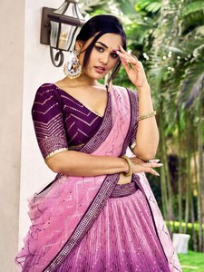 Purple Pink <b>Lehenga</b> Set Glitter Zigzag Evening Dress Embroidered Banarasi Style Party Wedding Outfit - Product Image 4