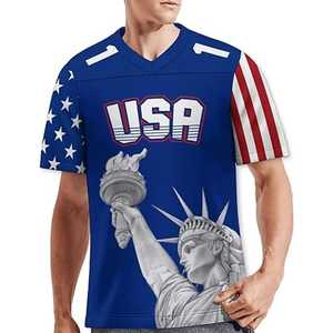 Camiseta de Fútbol Americano para Hombre, Cuello en V Azul, Gráfico de la Bandera de EE. UU., Manga Corta, Malla Transpirable, Impresión Sublimada, Nombre y Número del Equipo - Product Image 2