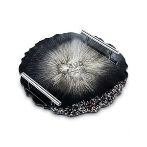 New Round Geode Resin Serving Tray With Metal Handles Black <b>Silver</b> Quartz Pattern Decorative Tray For <b>Coffee</b> <b>Table</b> Home Decor - Product Image 1