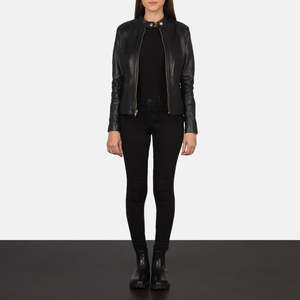 Chaqueta de moto de cuero genuino para mujer, cuello alto, manga larga, cierre de cremallera, color negro, corte regular, estilo otoñal - Product Image 6