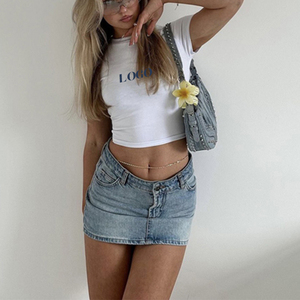 Crop top blanc pour femme, manches courtes, col rond, coupe ajustée, tricot en coton, couleur unie, style décontracté printemps-été, LOGO - Product Image 3