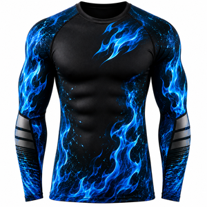 SHH Industries OEM Fully Custom Breathable Quick Dry Blue Flame Compression <b>Rash</b> <b>Guard</b> Men's Long Sleeve <b>BJJ</b> MMA Grappling - Product Image 1
