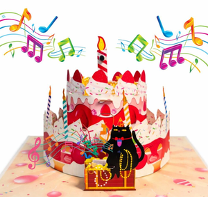 Carte de vœux pop-up pour anniversaire avec chat noir et notes de musique, design 3D, impression numérique, pelliculage brillant - Product Image 1