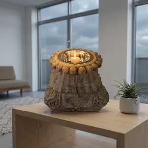 Vintage Hand Carved Wooden Pillar Candle Holder <b>Rustic</b> Pet Feeder Farmhouse Decor for Bedroom Living Room <b>Console</b> <b>Table</b> - Product Image 5