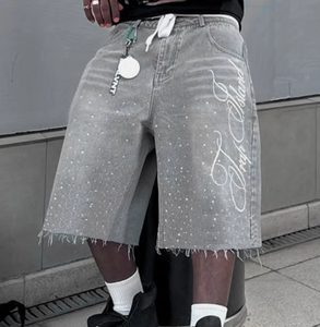 Shorts en jean décontractés pour hommes, longueur genou, tendance, avec lettres brodées et strass brillants, avec poches - Product Image 4