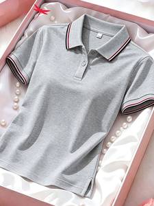 Camiseta de Manga Corta con Cuello Polo para Mujer, Tejida en Algodón, Casual, de Color Sólido, Transpirable, para Primavera/Verano, Corte Regular - Product Image 1