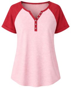 T-shirt personnalisé pour femme, rose clair et rouge, à manches courtes, col Henley, haut à manches raglan, en coton doux, coupe décontractée, tee-shirt d'été respirant - Product Image 1