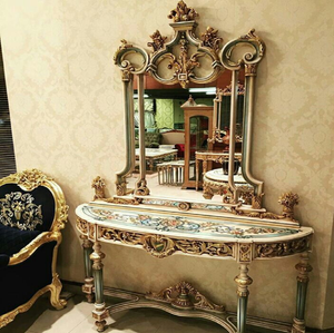 Classic champagne gold hand carved wooden vanity dressing <b>table</b> set with <b>mirror</b>, available at wholesale prices. - Product Image 5