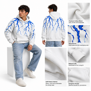 Sweat-shirt à capuche personnalisé OME avec motif Lightning, style streetwear oversize, pull-over pour homme, imprimé bleu, Y2K, vente en gros B2B, approvisionnement USA - Product Image 5