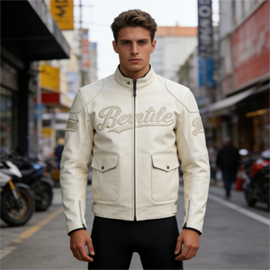 Blouson de moto en cuir blanc pour homme TITAN TREAD WEAR, col montant, fermeture éclair sur le devant, clouté, imperméable, style motard d'hiver - Product Image 3