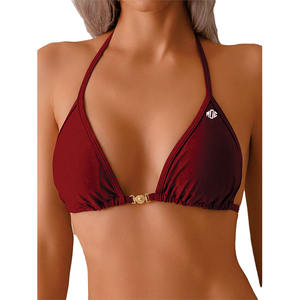 Nuevo Conjunto de Bikini Triangular Color Borgoña para Mujer, con Cuello Halter y Lazos Laterales, Traje de Baño de Dos Piezas con Detalles Metálicos, Ropa de Playa, Venta al Por Mayor OEM, EE. UU. - Product Image 3