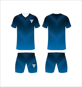 Conjunto de uniforme de fútbol sublimado personalizado para hombre con camiseta con estampado de degradado azul oscuro y azul claro y pantalones cortos a juego - Product Image 1