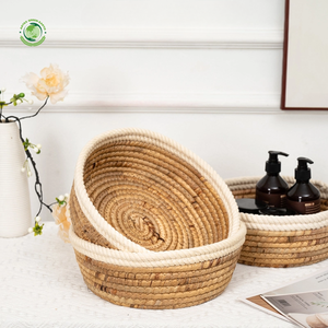 Panier en jacinthe d'eau avec bordure en corde blanche, panier de rangement fait main, vente en gros, écologique, fabriqué au Vietnam - Product Image 5