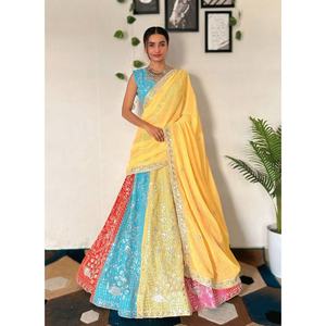 Ensemble élégant Faux Georgette Lehenga Choli pour femmes broderie lourde conception de séquence travail vêtements de mariage indiens y compris indien - Product Image 1
