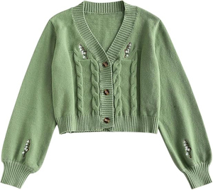 Cardigan blanc en tricot pour femme, col en V, manches longues, broderie florale, style vintage, haut d'automne - Product Image 2