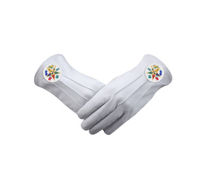 Luxury OES White Leather Regalia <b>Gloves</b> with Round White Floral Emblem - Product Image 1
