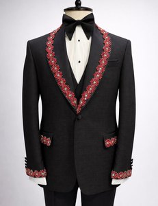 <b>Men</b>’s Black Designer Tuxedo <b>Suit</b> with <b>Red</b> Crystal Embellished Shawl Lapel – Wedding Party Prom Blazer Set - Product Image 2