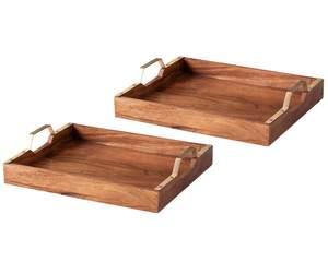 Plateau de service en bois classique TIMELESS CRAFT avec poignée en fer, 2 pièces, artisanal, écologique, finition en bois naturel, durable, compatible lave-vaisselle - Product Image 1