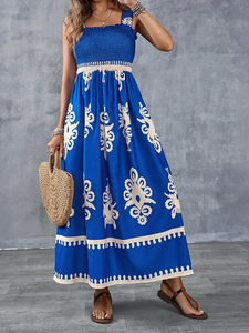 Bohemian Ethnic Print Shirred Bust Maxi Dress Elegant A-Line Sleeveless Square Neck Casual Wear Embroidery <b>Sundress</b> - Product Image 4