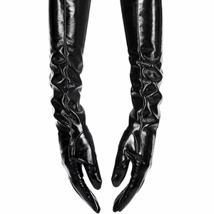 Black PU Opera-Length <b>Gloves</b> With Ruched Design Punk Style Unlined For Party Wear - Product Image 1