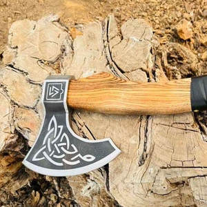 Scandinavian Industrial Grade Viking Axe Heritage Inspired Engravings Carbon Steel Blade Leather Grip <b>Wrap</b> Natural <b>Wood</b> Finish - Product Image 6