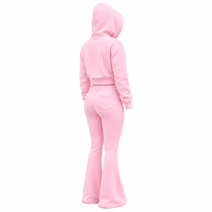 Custom Logo Women Flare Tracksuit Chic Streetwear Cropped Zip Hoodie Flare <b>Sweatpants</b> <b>Set</b> Premium Fashion Womens Sweat <b>Set</b> - Product Image 5