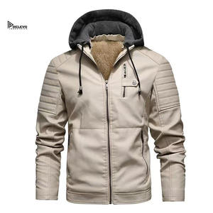 Men’s Leather Jacket with Hood Winter Warm Thick <b>Lined</b> <b>Coat</b> Casual Streetwear Zipper Outerwear OEM Custom Logo - Product Image 3