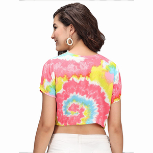 เสื้อครอปท็อปผู้หญิง ลายมัดย้อม แขนสั้น คอกลม ผ้าถัก สวมใส่สบายๆ สำหรับฤดูใบไม้ผลิและฤดูร้อน ผ้าฝ้าย 100% ระบายอากาศได้ดี แฟชั่นทันสมัย - Product Image 6