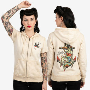 Sweat à capuche personnalisé vert sauge délavé pour femme, avec motif graphique floral main de squelette et imprimé vigne sur la manche, style vintage délavé à l'acide, fabricant - Product Image 3