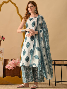 <b>Women</b> Cotton <b>Kurta</b> Set Palazzo Dupatta Digital Printed Floral Design Regular Fit Knee Length Quick Dry All Season Ethnic Wear - Product Image 3