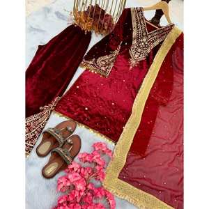 DISEÑADOR VISCOSA TERCIOPELO BORDADO SECUENCIA MOTI TRABAJO FONDO SUPERIOR CON DUPATTA MAROON - Product Image 4