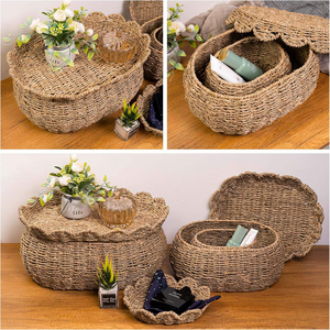 Cestas de Almacenamiento de Estilo Vintage de Mimbre Marino con Tapas, Cajas Organizadoras Tejidas Naturales con Bordes Festoneados, Solución Ecológica - Product Image 6