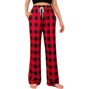 Women's <b>Plaid</b> Flannel <b>Pants</b> Mid Waist Drawstring Loose Fit Wide Leg Full Length Casual Autumn Wear With Pockets - Product Image 3