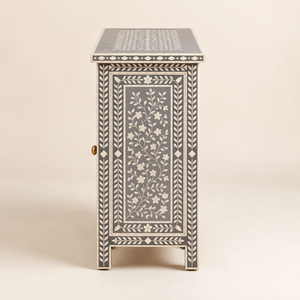Buffet de rangement rectangulaire moderne en bois massif gris à incrustations florales, fait main, en MDF, avec incrustations en os, à poser au sol - Product Image 4