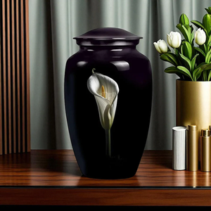 Black Enamel Cremation Urn Metal Ashes <b>Memorial</b> Vessel Calla Lily Decorative Burial <b>Keepsake</b> for Adult - Product Image 6